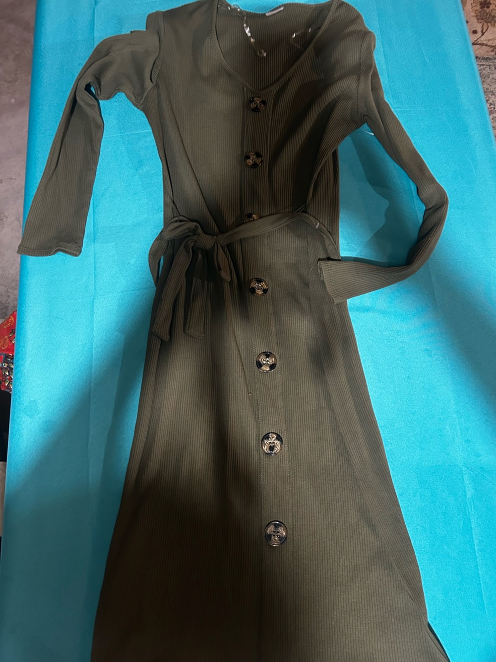 Olive Green Ribbed Button-Front Tie-Waist Women’s Dress w/free necklace (11/13)